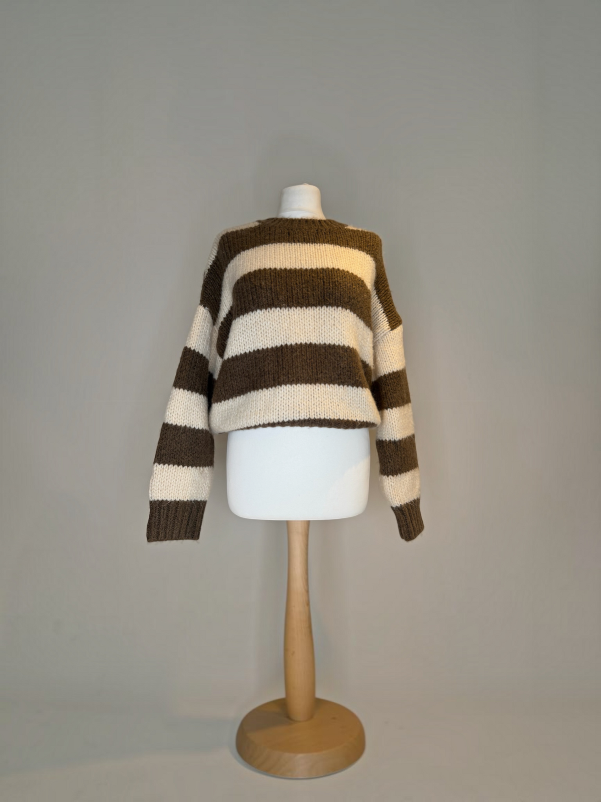 Style Reset chunky knit jumper in chocolate brown and cream horizontal stripes with a crew neck and relaxed fit.