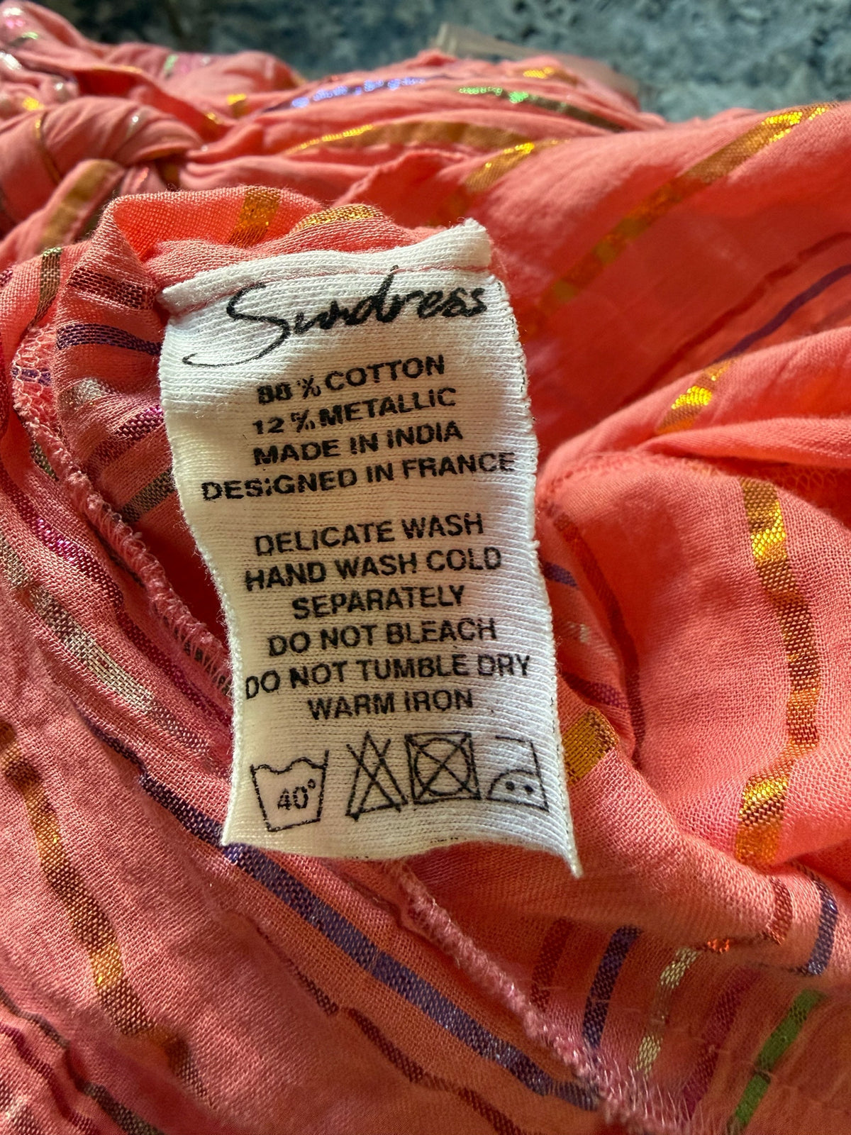 Style Reset Sundress coral cotton blend maxi dress fabric care label with metallic stripe detail