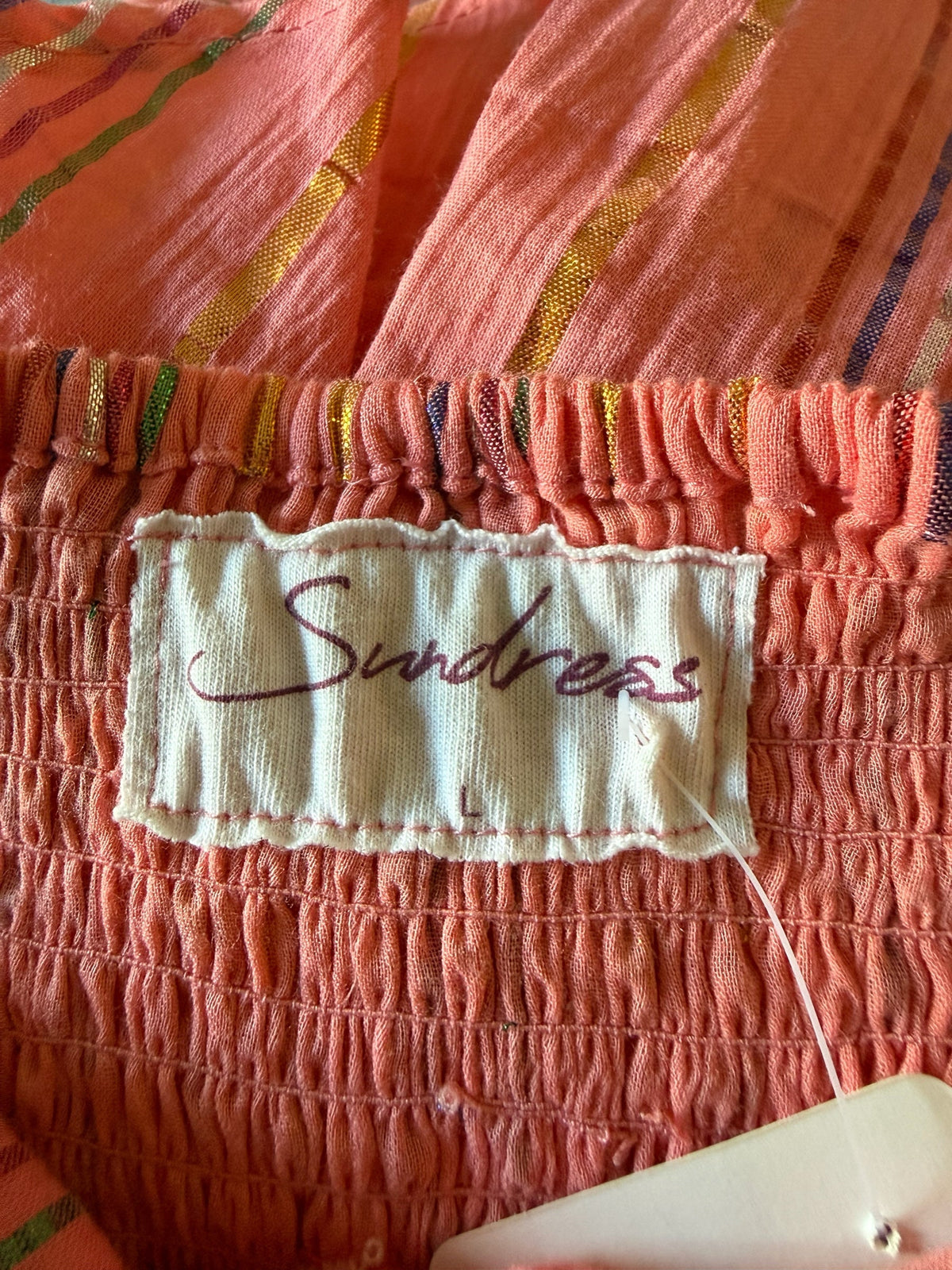 Style Reset Sundress coral strapless maxi dress with shirred bodice and metallic striped cotton fabric detail