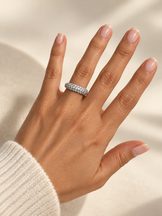 Style Reset Swarovski dome ring with pavé-set crystals on a silver-tone band worn on a woman's finger
