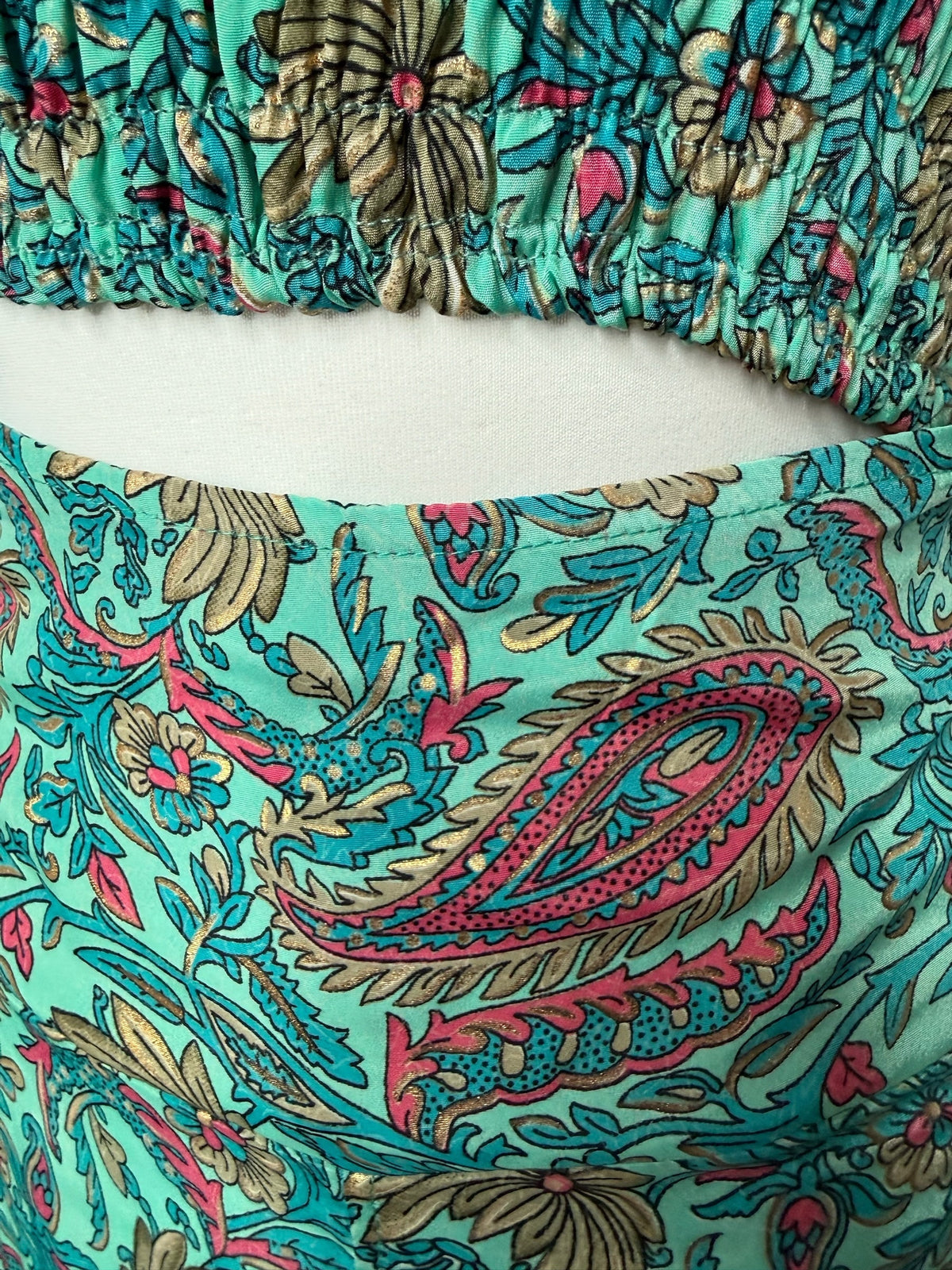 Style Reset turquoise paisley print two-piece maxi dress set with shirred crop top and gold foil detailing