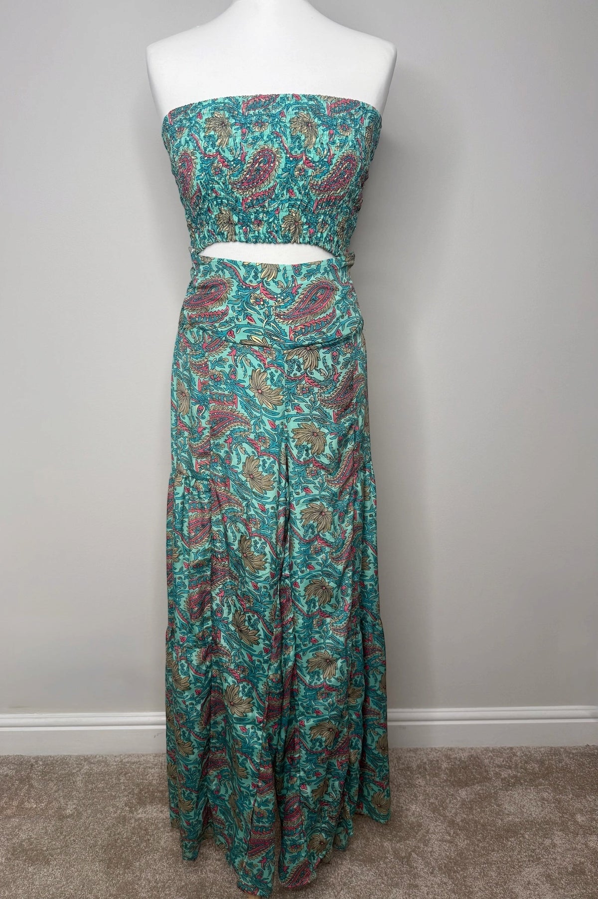 Style Reset LARAETHNICS two-piece maxi dress set in turquoise paisley print with a shirred strapless crop top.