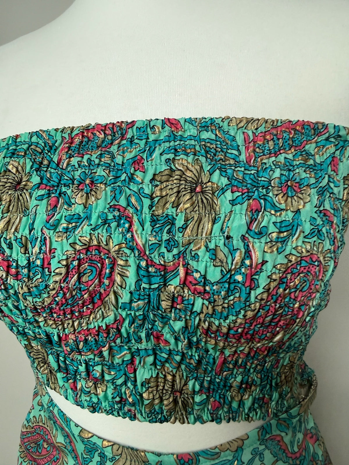 Style Reset Laraethnics turquoise paisley print shirred strapless crop top with metallic gold foil detailing