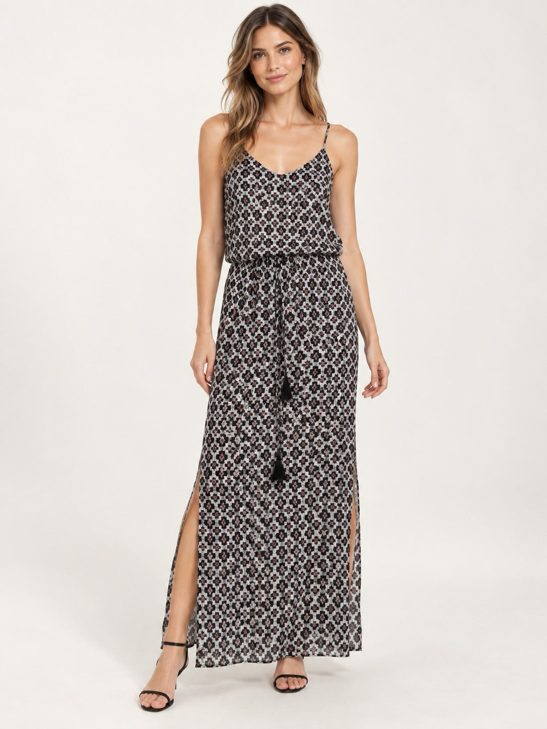 Style Reset WITCHERY printed viscose maxi dress with V-neck, spaghetti straps, elasticated waist and side skirt splits.