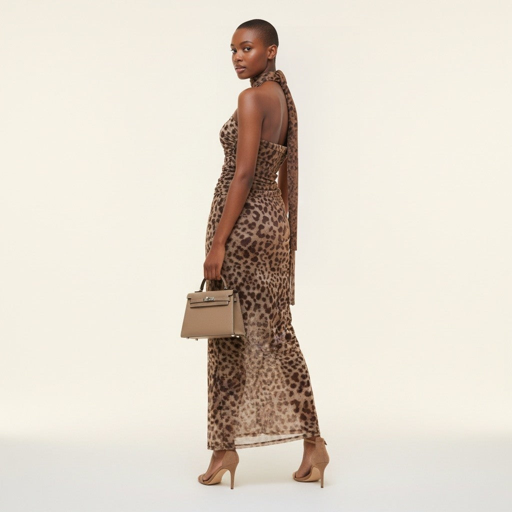 Style Reset model wearing a Zara leopard print co-ord set with a boob tube top, maxi skirt, and matching neck scarf.