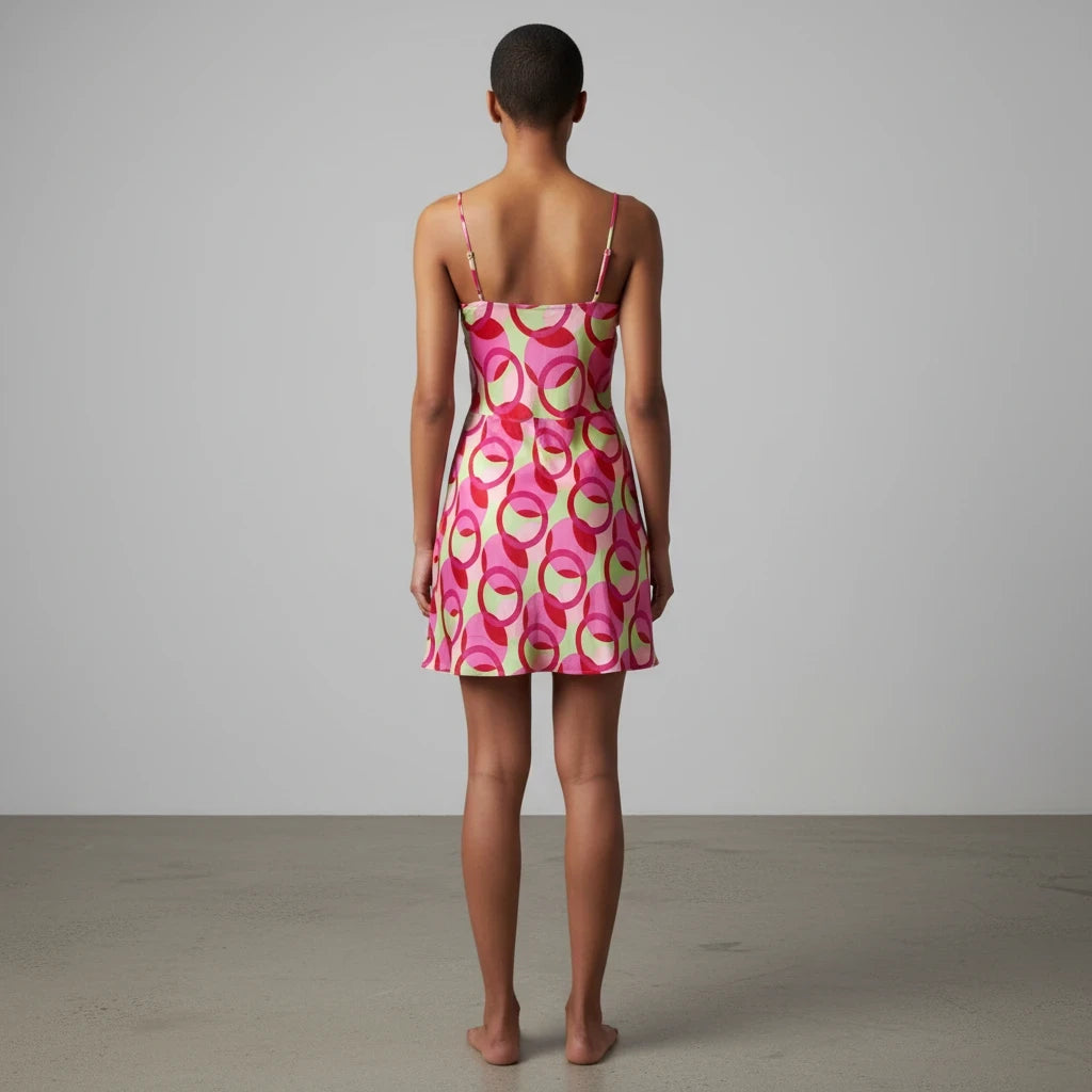 Style Reset Zara pink and sage green colour block mini dress with geometric circle print, back view on model