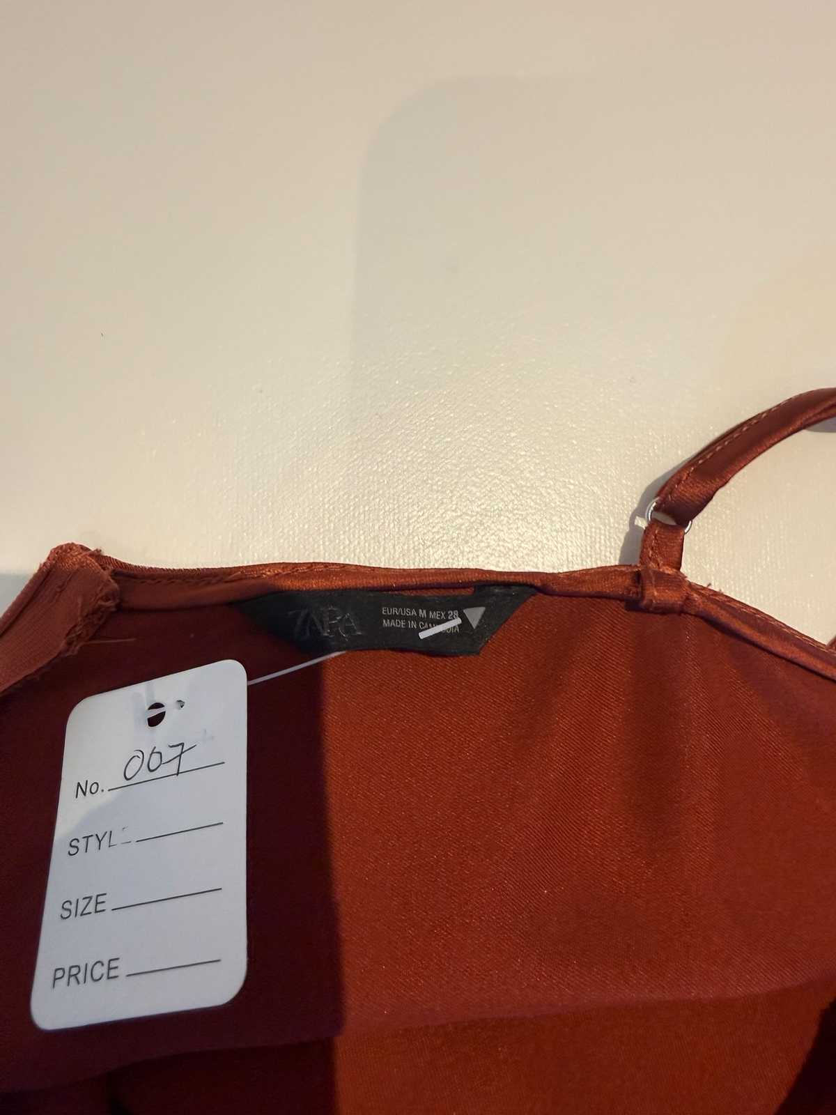 Style Reset ZARA rust satin maxi dress with spaghetti straps and brand label detail